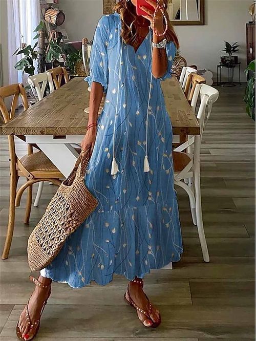 Women's Long Dress Maxi Dress Casual Dress A Line Dress Summer Dress Geometric Fashion Streetwear Outdoor Daily Vacation Tassel Fringe Ruffle Half Sleeve V Neck Dress Loose Fit Blue Summer Spring S M
#9537037