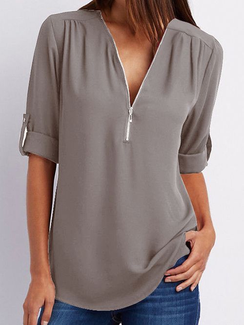 V Neck Zipper Patchwork Plain Blouses