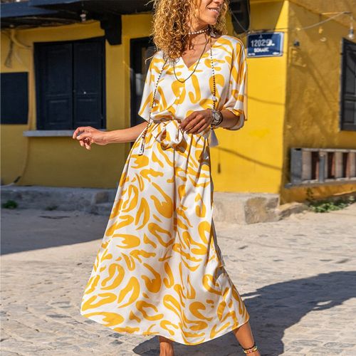 Yellow V-Neck Print Midi Dress