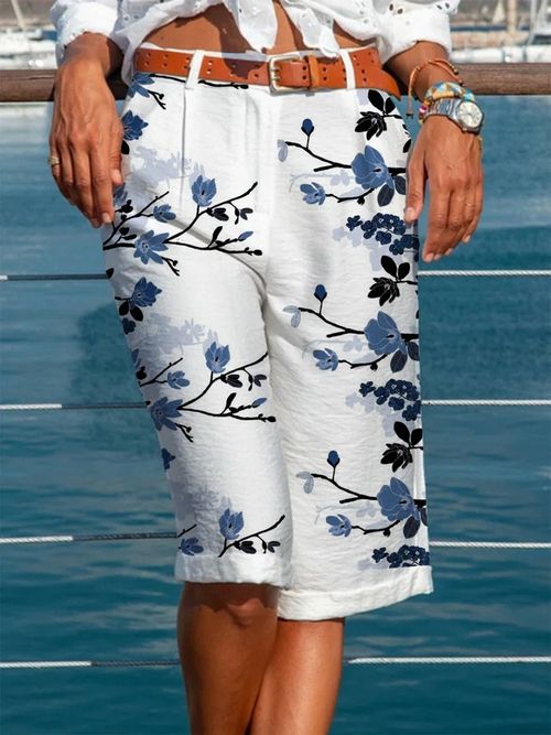 Casual Floral Print Mid Waist Straight Leg Pants