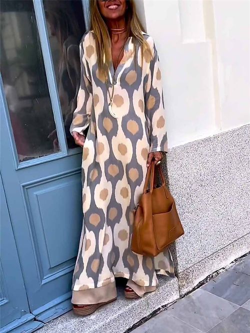 Women's Long Dress Maxi Dress Casual Dress Print Dress Spring Dress Geometric Fashion Streetwear Outdoor Daily Date Split Print Long Sleeve V Neck Dress Regular Fit Black Red Green Summer Spring S M