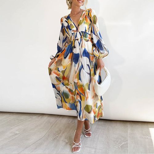 Long Sleeve Colorful Abstract Print Midi Dress