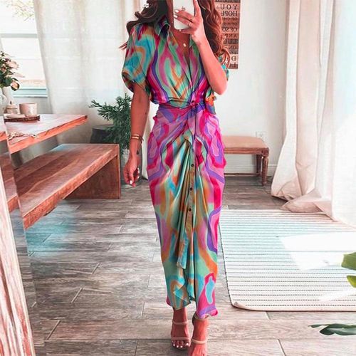 Purple V-Neck Short Sleeve Maxi Dress