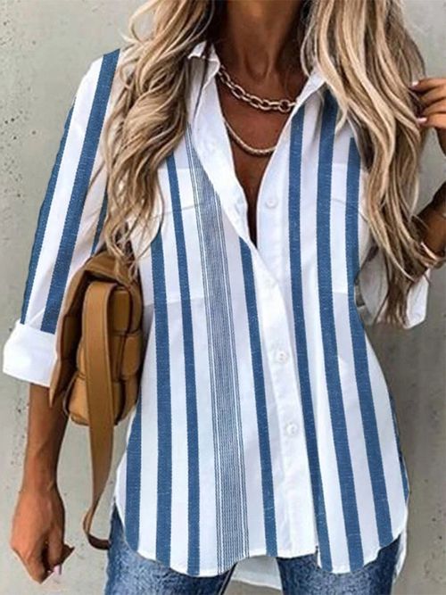 Double Pocket Vertical Blue and White Stripe Tunic Top