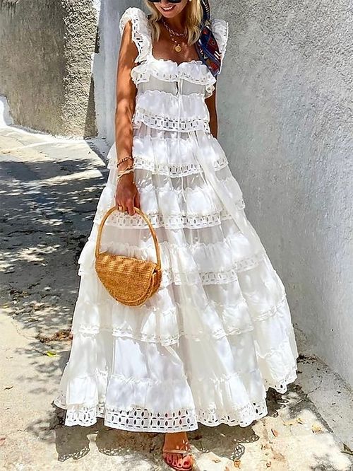 Women's Long Dress Maxi Dress Casual Dress Chiffon Dress Swing Dress Plain Fashion Modern Daily Holiday Vacation Ruffle Layered Sleeveless Square Neck Dress Regular Fit White Summer Spring S M L XL
#9554446