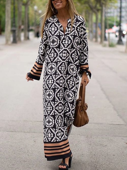 Women's Long Dress Maxi Dress Casual Dress Summer Dress Print Dress Geometric Color Block Tribal Vintage Casual Daily Holiday Date Patchwork Split Long Sleeve V Neck Dress Regular Fit Black