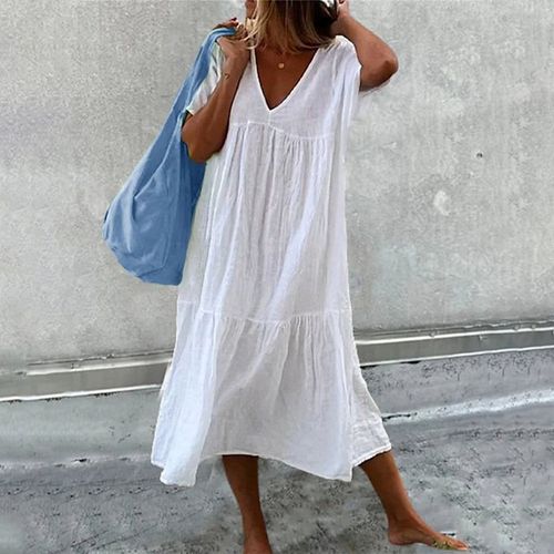 Casual Short Sleeve Plain Midi Dress