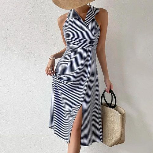 Blue Print Sleeveless Midi Dress