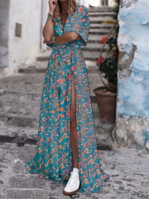 Women's Long Dress Maxi Dress Casual Dress A Line Dress Floral Dress Floral Fashion Modern Daily Holiday Date Split Print Short Sleeve V Neck Dress Regular Fit Blue Summer Spring S M L XL XXL
#9531044