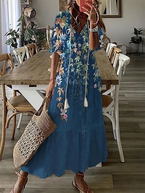 Women's Long Dress Maxi Dress Casual Dress A Line Dress Summer Dress Floral Fashion Streetwear Outdoor Daily Holiday Print Half Sleeve V Neck Dress Loose Fit Blue Summer Spring S M L XL XXL
#9544357