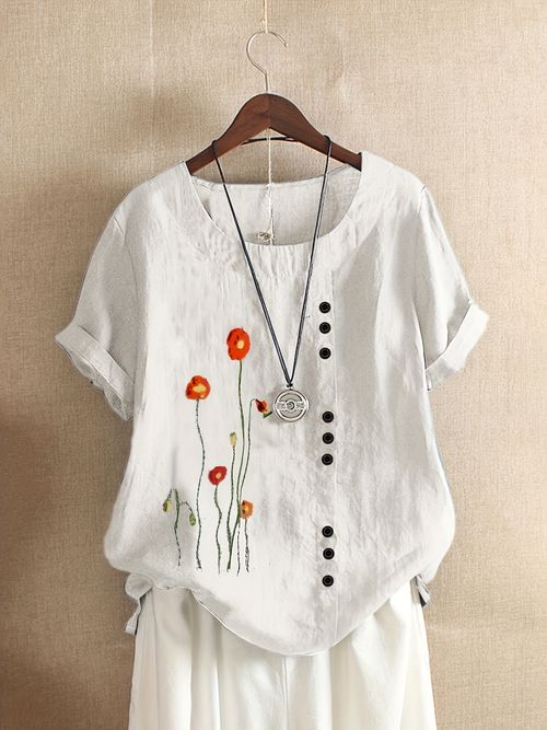 Plus Size Floral Print Round Neck Linen T-shirt, Women's Plus Casual Short Sleeve Tee