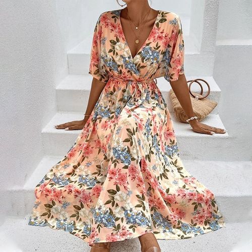 Glam Peach Floral Print Short Sleeve Maxi Dress