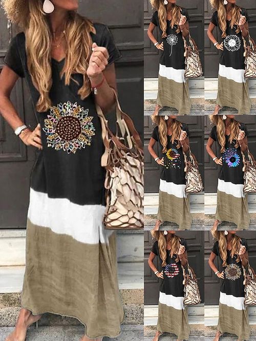 Women's Long Dress Maxi Dress Casual Dress Print Dress Floral Color Block Fashion Classic Daily Holiday Vacation Print Short Sleeve V Neck Dress Regular Fit Black White Yellow Summer Spring S M L XL
#9542009