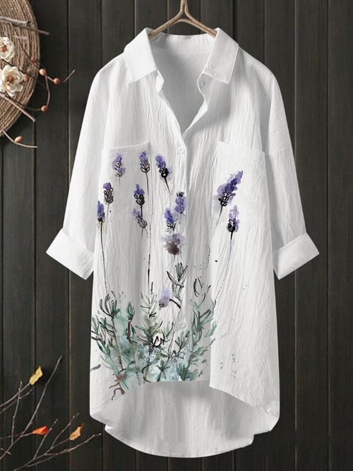 Temperament Lavender printed cotton linen shirt loose shirt top