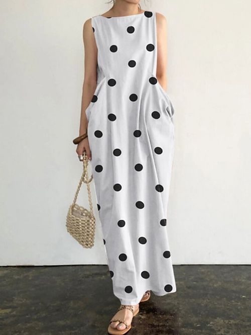 Women's Long Dress Maxi Dress Casual Dress White Dress Print Dress Polka Dot Fashion Casual Daily Holiday Vacation Ruched Pocket Sleeveless Crew Neck Dress Loose Fit Black White Yellow Summer Spring
#9554416