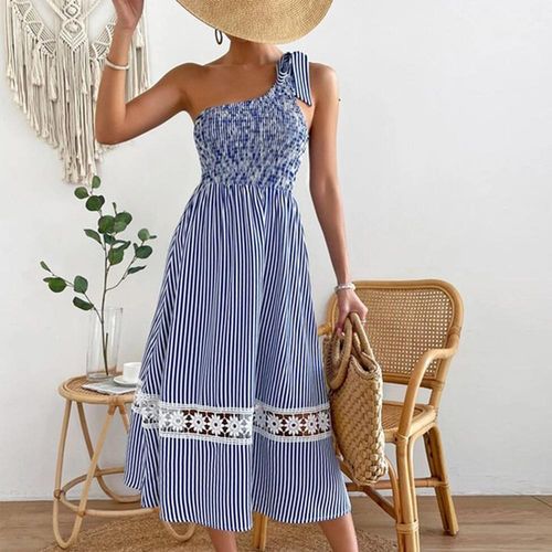 Blue Striped One Shoulder Midi Dress