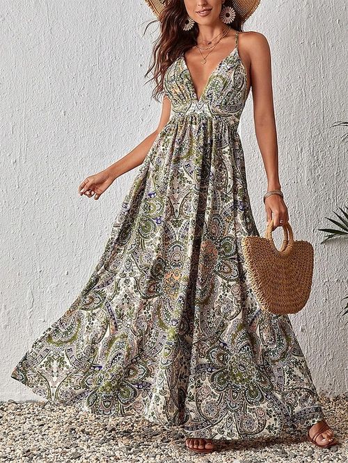 Women's Long Dress Maxi Dress Casual Dress Swing Dress Summer Dress Floral Paisley Tribal Fashion Bohemian Outdoor Daily Holiday Backless Print Sleeveless Strap Dress Regular Fit Green Summer Spring
#9534371