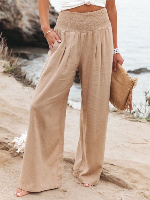 Casual Elastic Waist Cotton And Linen Wide Leg Trousers