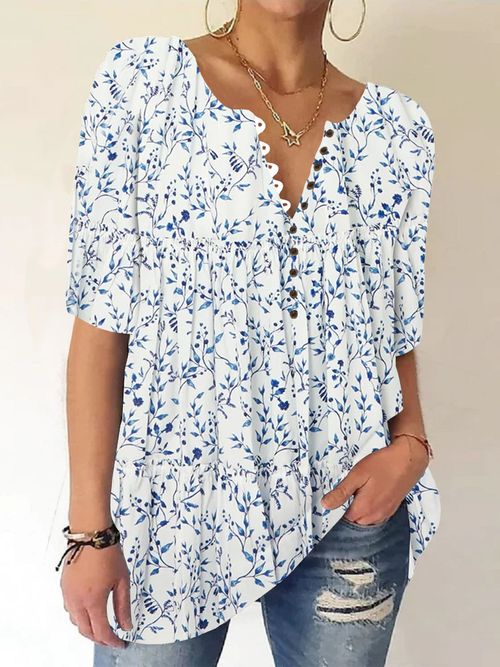 Women Half Sleeve V-neck Floral Printed Tops