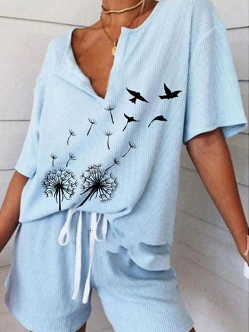 Women's Loungewear Sets Flower Fashion Casual Street Date Airport Polyester Breathable V Wire Short Sleeve T shirt Tee Shorts Summer Spring Blue