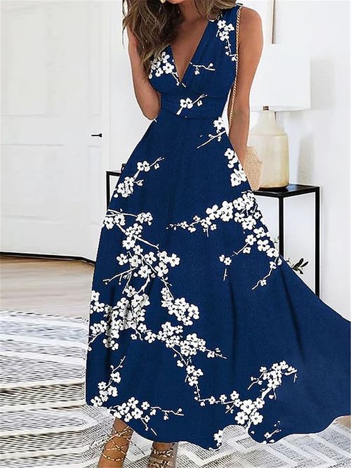 Women's Long Dress Maxi Dress Casual Dress Swing Dress A Line Dress Floral Fashion Streetwear Outdoor Daily Date Print Sleeveless V Neck Dress Regular Fit Navy Blue Summer Spring S M L XL XXL