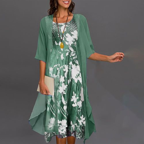 Green Half Sleeve Print Midi Dress