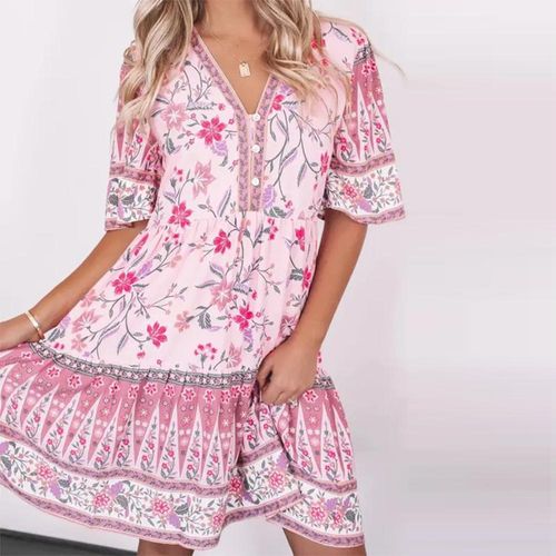 Sweet Pink Print Short Sleeve Mini Dress