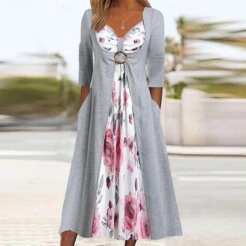 Grey Floral Print 3/4 Sleeve Midi Dress