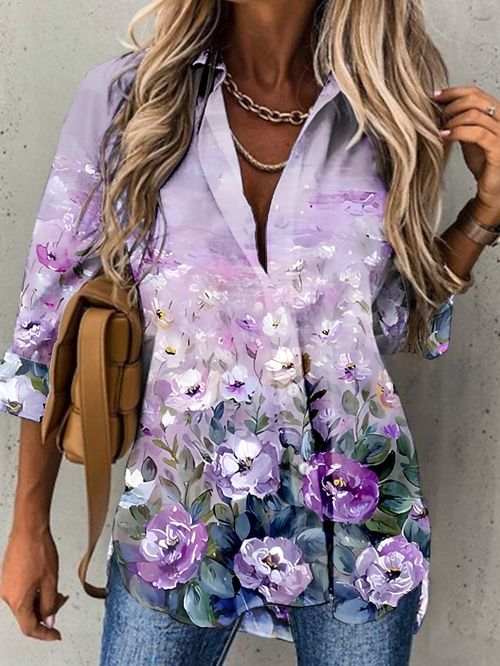 Women's Shirt Blouse Pink Blue Purple Floral Button Print Long Sleeve Casual Holiday Basic Shirt Collar Regular Floral S