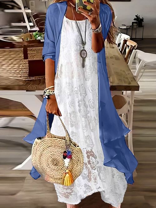 Women's Two Piece Dress Set Casual Dress Lace Dress Outdoor Daily Fashion Elegant Lace Long Dress Maxi Dress Crew Neck Half Sleeve Floral Plain Loose Fit Blue Summer Spring S M L XL XXL
#9555593