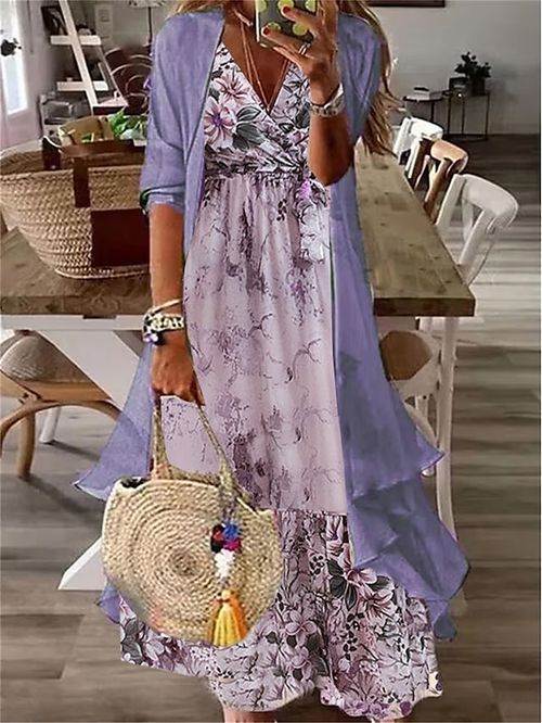 Women's Two Piece Dress Set Casual Dress Print Dress Outdoor Daily Fashion Modern Print Long Dress Maxi Dress V Neck Half Sleeve Floral Loose Fit Purple Summer Spring S M L XL XXL
#9552338