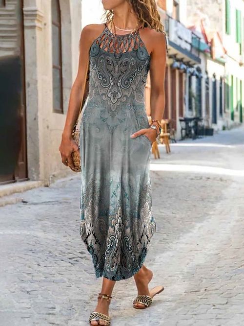 Women's Long Dress Maxi Dress Casual Dress Summer Dress Slip Dress Tribal Retro Vintage Daily Vacation Going out Hole Print Sleeveless Halter Dress Loose Fit Blue Summer Spring S M L XL XXL
#9547198