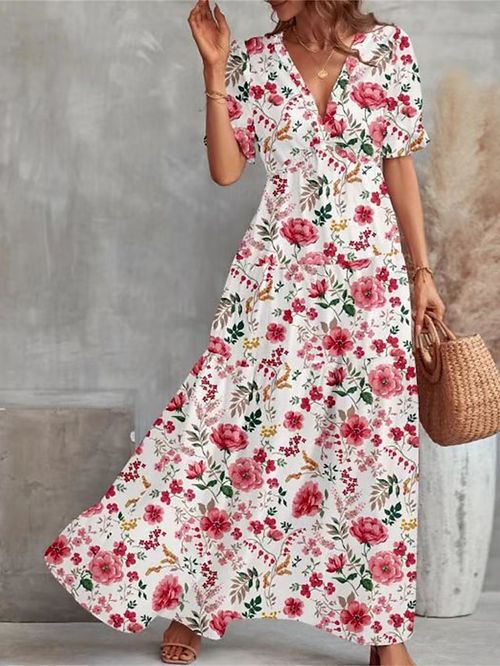 Women's Long Dress Maxi Dress Swing Dress Print Dress Floral Streetwear Casual Outdoor Holiday Going out Print Short Sleeve V Neck Dress Loose Fit Black White Red Spring S M L XL XXL
#9546565