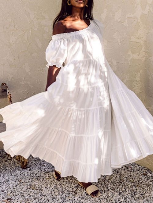 Women's Long Dress Maxi Dress Casual Dress Swing Dress White Dress Pure Color Basic Modern Outdoor Daily Holiday Ruched Cold Shoulder Short Sleeve Cold Shoulder Dress Loose Fit White Summer Spring S
#9529993