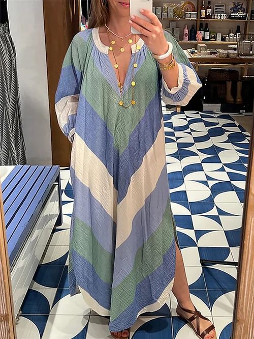 Women's Long Dress Maxi Dress Casual Dress Summer Dress Print Dress Geometric Color Block Fashion Streetwear Outdoor Daily Date Pocket Split Long Sleeve V Neck Dress Regular Fit Blue Summer Spring S
#9548395