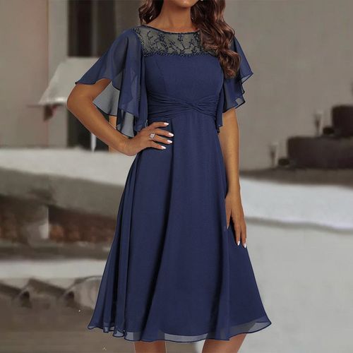 Blue Plain Round Neck Midi Dress