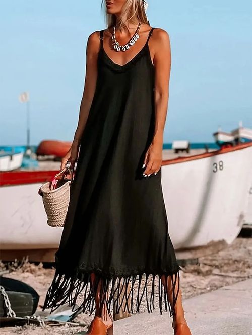 Women's Long Dress Maxi Dress Casual Dress Fringe Dress Black Dress Plain Fashion Modern Daily Holiday Vacation Tassel Fringe Backless Sleeveless Strap Dress Loose Fit Black Summer Spring S M L XL XXL
#9554497