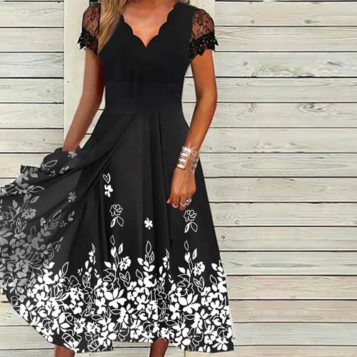 Black Lace Cap Sleeve White Flower Midi Dress