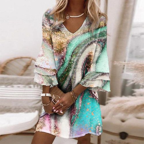 Green Print 3/4 Sleeve Mini Dress