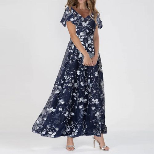 Navy Print Short Sleeve Maxi Dress