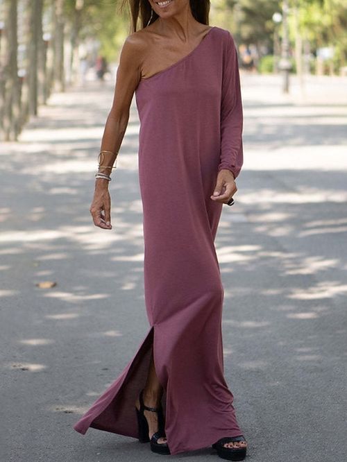 Women's Long Dress Maxi Dress Casual Dress Pure Color Streetwear Casual Outdoor Daily Vacation Split Cold Shoulder Long Sleeve One Shoulder Dress Regular Fit Black Red Dark Grey Summer Spring S M L
#9531015