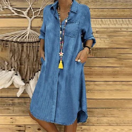 Oversized Chambray Denim Button Front Blouse Midi Dress