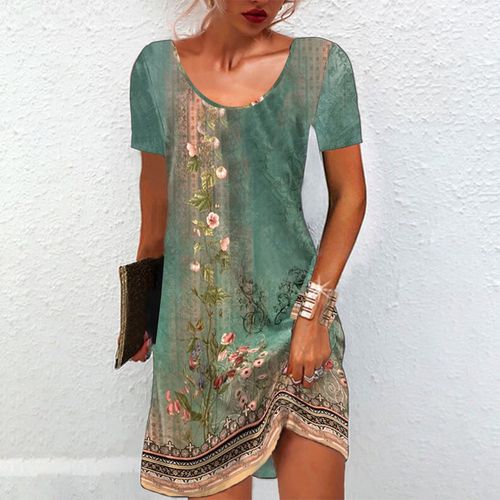 Green Print Round Neck Mini Dress