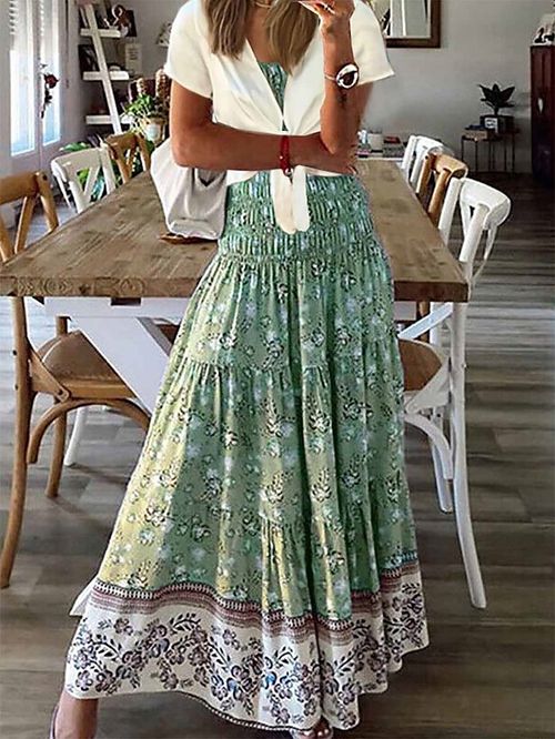 Women's Two Piece Dress Set Casual Dress Swing Dress Outdoor Daily Fashion Streetwear Lace up Print Long Dress Maxi Dress Crew Neck Short Sleeve Floral Regular Fit Green Summer Spring S M L XL XXL
#9552341