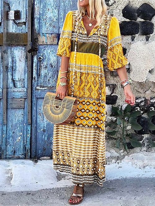 Women's Long Dress Maxi Dress Casual Dress Print Dress Floral Tribal Streetwear Casual Outdoor Daily Vacation Print Half Sleeve V Neck Dress Regular Fit Yellow Red Blue Summer Spring S M L XL
#9544484