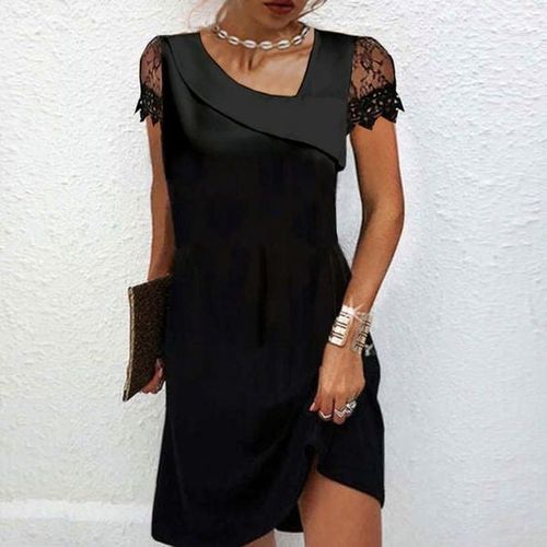 Black Lace Short Sleeve Plain Mini Dress