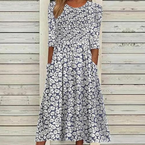 Navy White Daisy Print Side Pocket Midi Dress