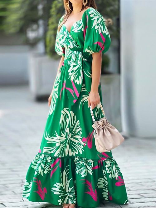 Women's Long Dress Maxi Dress Swing Dress Print Dress Leaf Floral Fashion Streetwear Outdoor Holiday Going out Ruched Print Short Sleeve V Neck Dress Regular Fit Green Summer Spring S M L XL XXL
#9540695