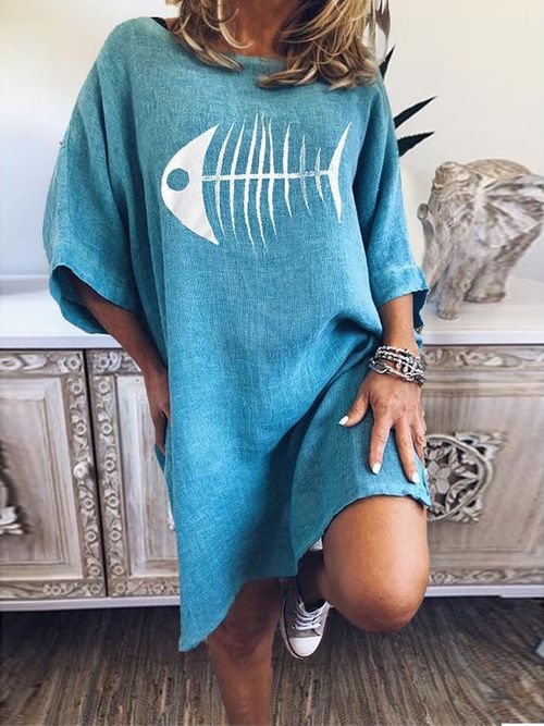 Women's Fishbone Print Slit Cotton Dress