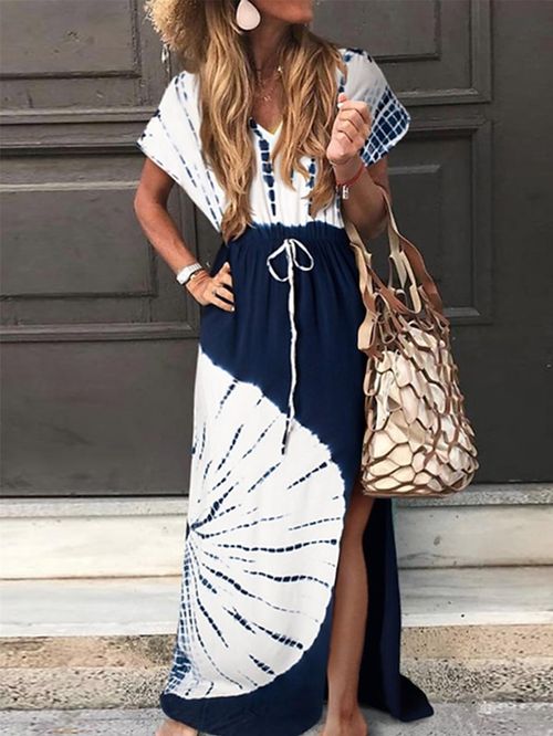 Women's Long Dress Maxi Dress Casual Dress Print Dress Geometric Tie Dye Streetwear Casual Outdoor Daily Holiday Drawstring Split Short Sleeve V Neck Dress Loose Fit Yellow Dark Blue Summer Spring S
#9551569